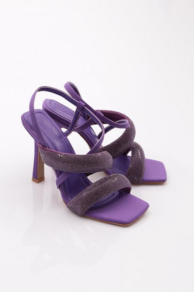 DGN Sandale cu toc de piatră argintie pentru femei, cu rânduri groase și cu bretele încrucișate, violet satin 314333210