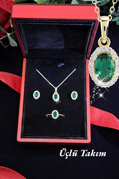 Hepimitu Zümrüt Renkli Taşlı Altın Set - 3'lü
