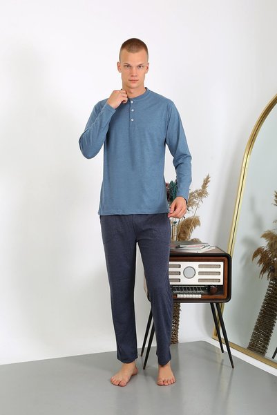 Mestore Fashion Stripe Men's Combed Cotton Long Sleeve Pajama Set 6860 Indigo