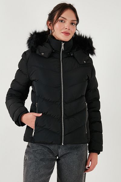 Lela Regular Fit Puffer Jacket with Detachable Hood and Zipper - Mont with Pockets 497Di̇na