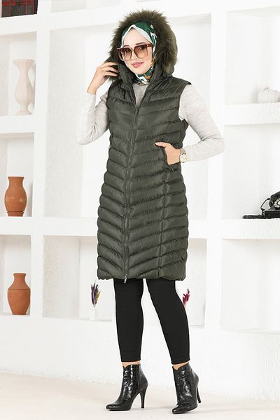 ModaMerve Khaki Hooded Puffer Vest - Art2873