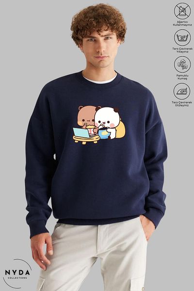 Nyda Collections Unisex μακρυμάνικο Bubu Dudu με στάμπα με λαιμόκοψη χωρίς κουκούλα υπερμεγέθη φούτερ