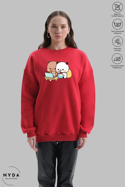 Nyda Collections Унисекс суитшърт с дълъг ръкав, щампа Bubu Dudu и кръгло деколте, без качулка и повдигнати елементи