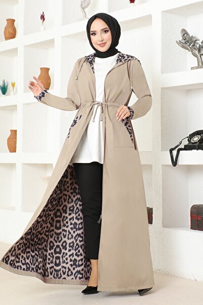 Ayşe Melek kadın giyim moda leopar desenli kapuşonlu ferace 2411