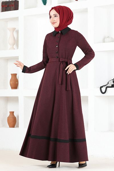 ModaMerve Burgundy Belted Dress - Msl2395