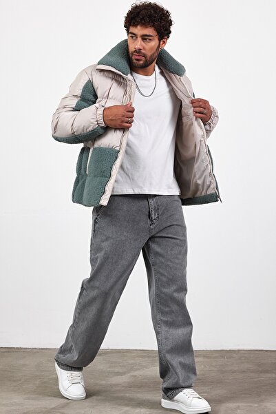 MADZEYMODA Stone-Mint Double Color Plush Detailed Thick Puffer Jacket Mz50638