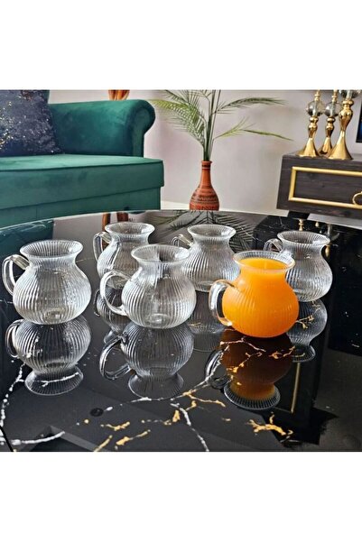 ellahomedekor 6lı Keyfi Ala Çizgili Borosilikat Cam Kulplu Çay Bardağı | Çizgili Kulplu Bardak
