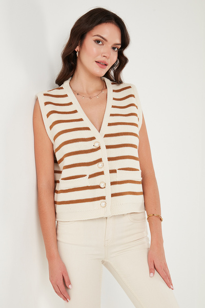 Lela Çizgili Oversize Fit V Yaka Düğmeli Yelek  YELEK 4616175