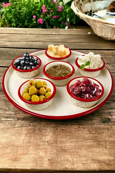 İnci Emaye 7 Piece Medium Size Enamel Breakfast Set - Presentation, Breakfast Plate, Jam, Olive, Cheese Plate