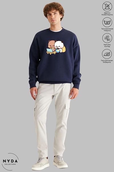 Nyda Collections Unisex μακρυμάνικο Bubu Dudu με στάμπα με λαιμόκοψη χωρίς κουκούλα υπερμεγέθη φούτερ