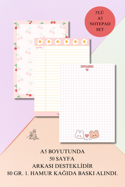 Flowery Paper 3'LÜ SET Notepad A5 - Memopad, Bloknot, Defter, Not Kağıdı, Okul defteri