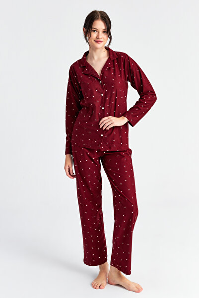 Ecrou Kadın Bordo Kalpli Uzun Kol Bebe Yaka Pantolon Pijama Takım