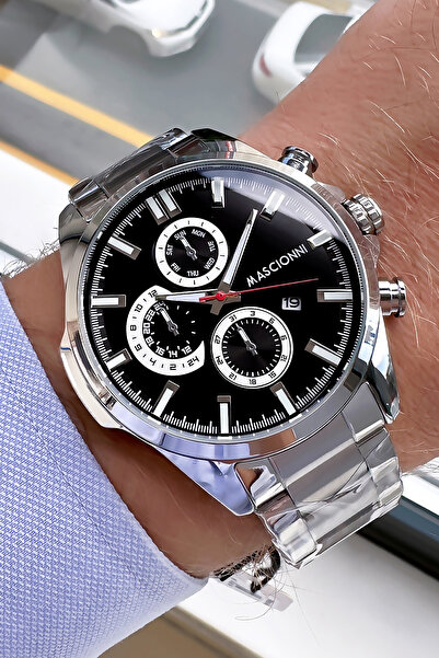 mascionni ساعة يد أصلية للرجال هدية 3 Atm مقاومة للماء باللون الفضي وسوار فول...