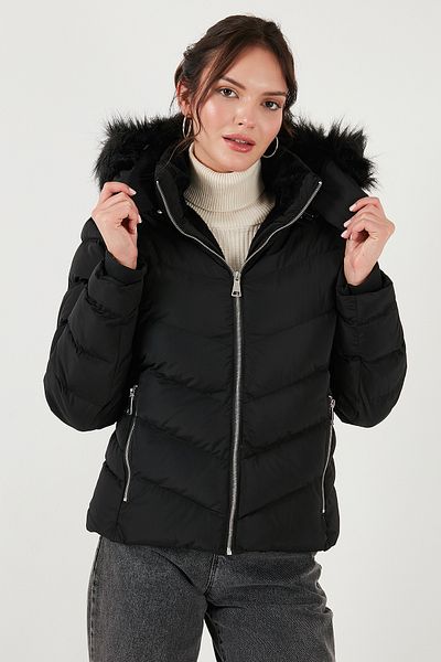 Lela Regular Fit Puffer Jacket with Detachable Hood and Zipper - Mont with Pockets 497Di̇na