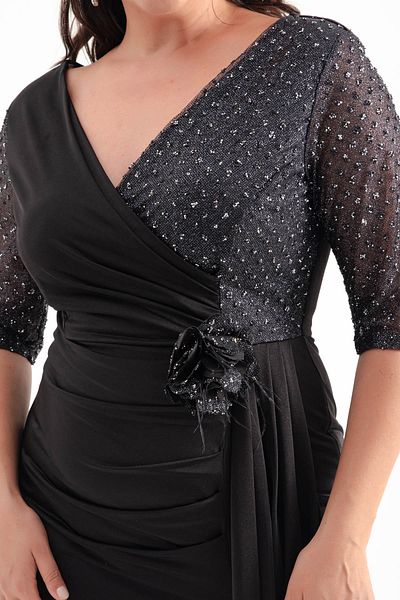 Lafaba Plus Size Black Glitter Double Breasted Collar Long Evening Dress