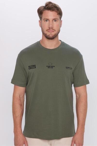 Tudors Ανδρικό μπλουζάκι Relax Fit Relaxed Fit 100% οργανικό βαμβάκι με απαλή υφή Χακί με λαιμόκοψη