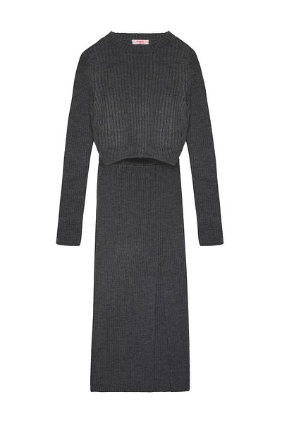 Quzu Anthracite Knitwear Set - Slit Detailed Skirt