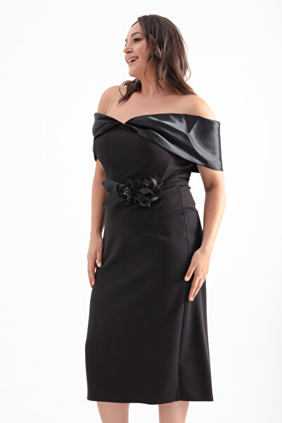 Lafaba Schwarzes Abendkleid für Damen in Midigröße mit Schleife und U-Boot-Ausschnitt