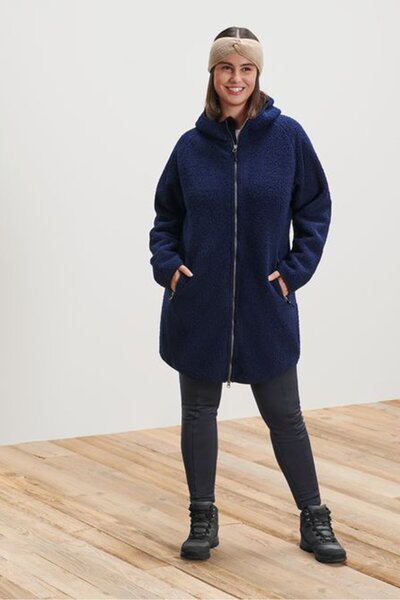 Tchibo معطف تيدي نسائي بغطاء رأس منقوش، أزرق داكن