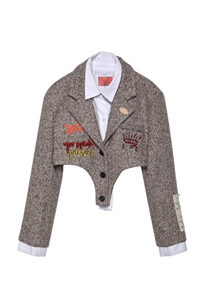 Quzu Кратко яке от туид – щамповано и закопчано с бродерия, кафяво