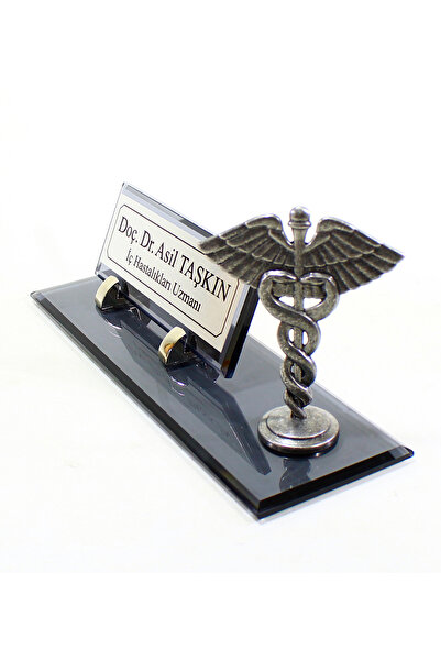 Art Online Doktor Eczacı Veteriner Fizyoterapist Psikolog Hemşire Cam Krom Kaplama Tıp Sembollü Masa İsimliği