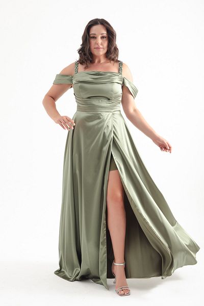 Lafaba Khaki Stone Draped Strappy Long Plus Size Evening Dress