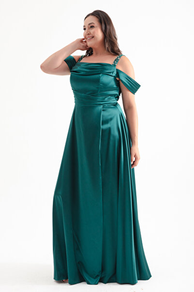 Lafaba Emerald Green Large Size Draped Stone Strap Long Evening Dress