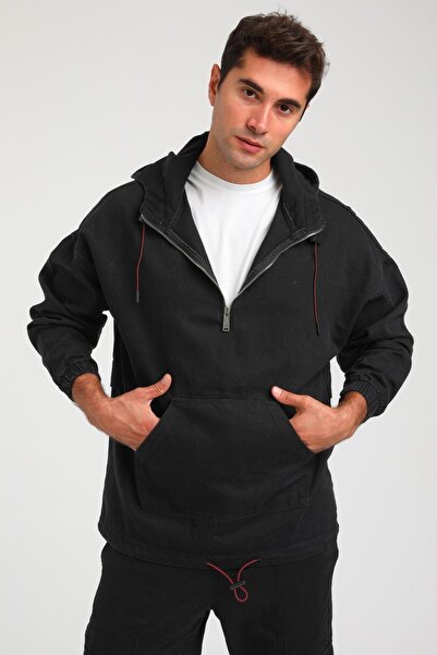 Rocqerx R-2339 Ανδρικό τζιν με λεπτομέρεια με μισό φερμουάρ με κουκούλα