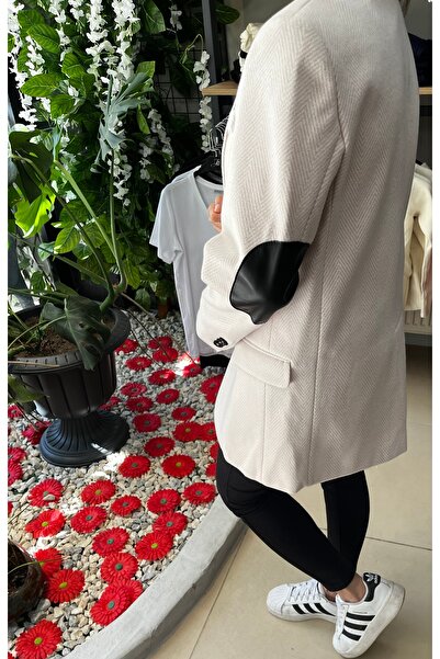 Marka Pudra Balıksırtı Desenli Deri Kol Detaylı Blazer Ceket