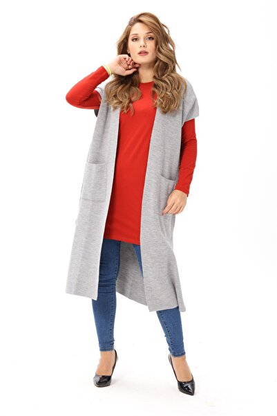 Giyim Dünyası Women's Gray Long Pocket Detailed Knitwear Vest 12779