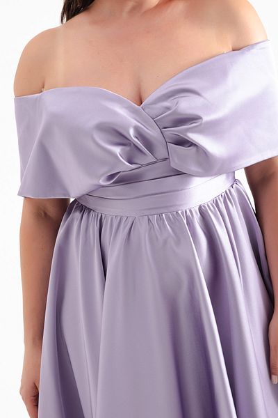 Lafaba Lilac Satin Midi Evening Dress - Plus Size Dress with Boat Neck and Flared Detail