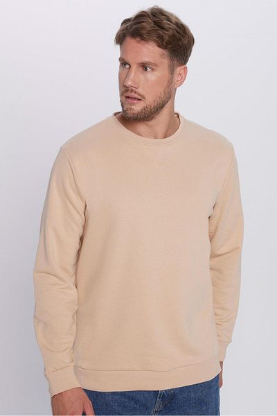 Tudors Unisex Oversize Φαρδύ βαμβακερό φούτερ Basic Beige Crew Neck