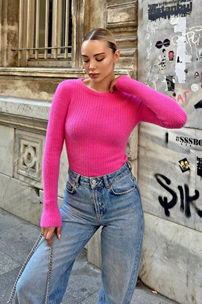 Swist Pembe Yumoş Bisiklet Yaka İnce Sakallı Kadın Triko Crop Kazak