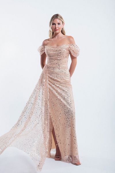 Lafaba Gold Boat Neck Long Tailed Women's Evening Dress