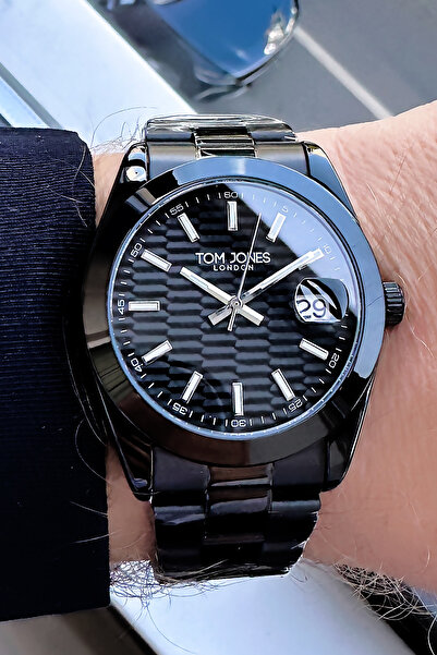 Tom Jones ساعة يد رجالية مقاومة للماء 3 ATM - سوار أسود من الفولاذ Wlg207