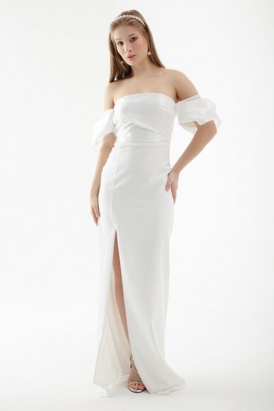 Lafaba Rochie de seară lungă din organza cu mâneci prințesă albă