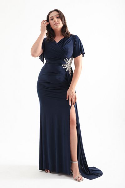 Lafaba Navy Blue Jewelled Double Breasted Collar Plus Size Evening Dress