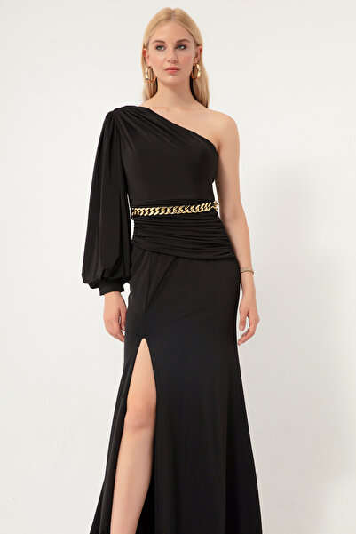 Lafaba Dámské černé dlouhé večerní šaty s řetízkem na jedno rameno
