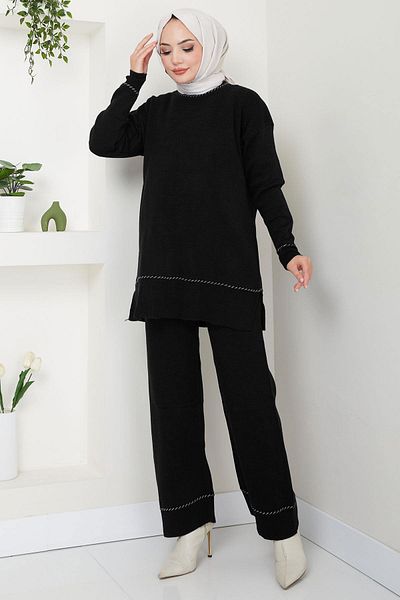 hafsamina Black Knitwear Set - Sleeve and Collar Patterned Hm2567