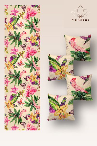 Vendini Quality Fabric, Vibrant Colors Runner and 4 Throw Pillow Covers Set