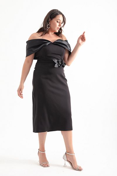 Lafaba Black Midi Size Bow Detailed Boat Neck Women's Evening Dress
