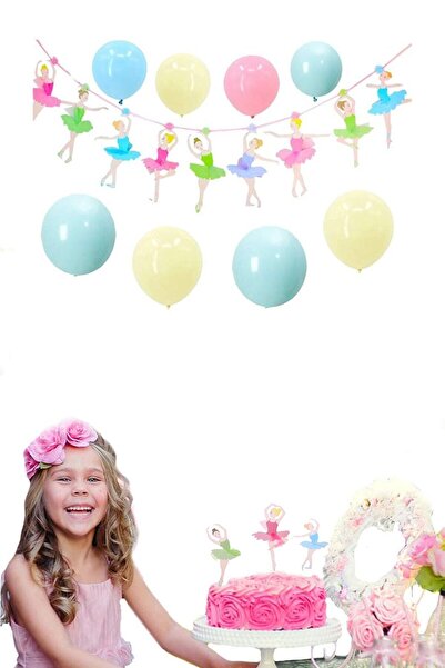 Partifabrik مجموعة حفلات راقصة الباليه تحت عنوان 10 بالونات و8 مسواك وقطعة واحدة لتزيين الحائط