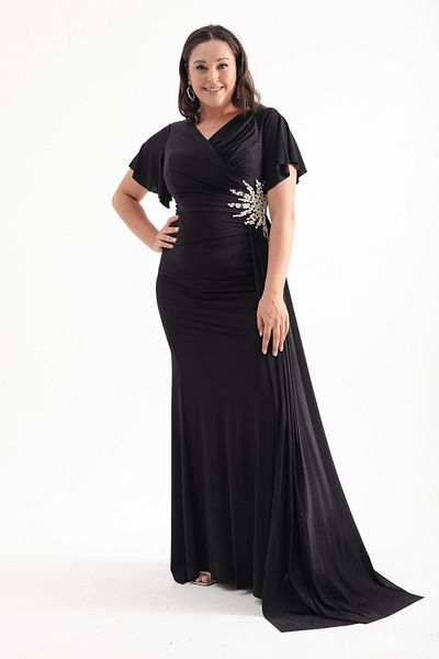 Lafaba : Black Stone Detail Double Breasted Collar Large Size Evening Dress