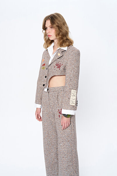 Quzu Tweed Brown Trousers - Embroidery Detail