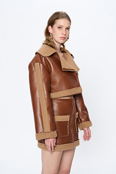 Quzu Peluşlu Fermuarlı Deri Ceket Taba