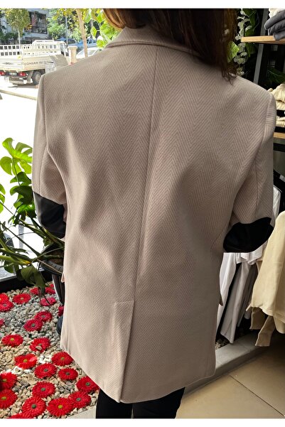 Marka Pudra Balıksırtı Desenli Deri Kol Detaylı Blazer Ceket