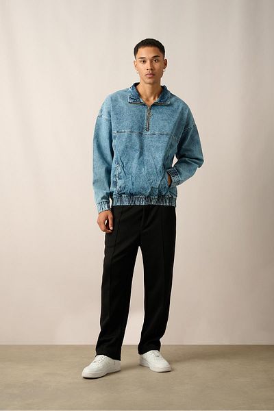 Rocqerx R-2454 Hanorac din denim cu jumătate de fermoar și mâneci elastice