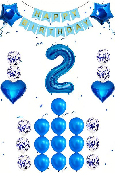 Patladı Gitti 2 Years Old Blue Concept Birthday Set; Heart Star Foil Balloon Set
