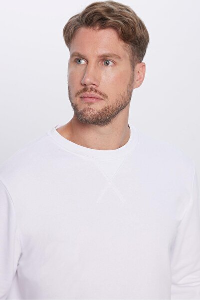 Tudors Unisex Relax Fit Rahat Kesim Pamuklu Basic Beyaz Bisiklet Yaka Sweatshirt