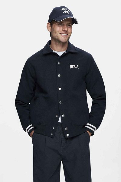 UCLA Keane Navy Blue Stamped College Jacket Snap Fastener Standard Fit Men's Jacket